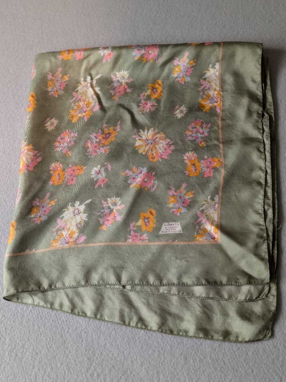 Vintage Liberty of London Silk Scarf Sage Green Floral Made In England 27x27